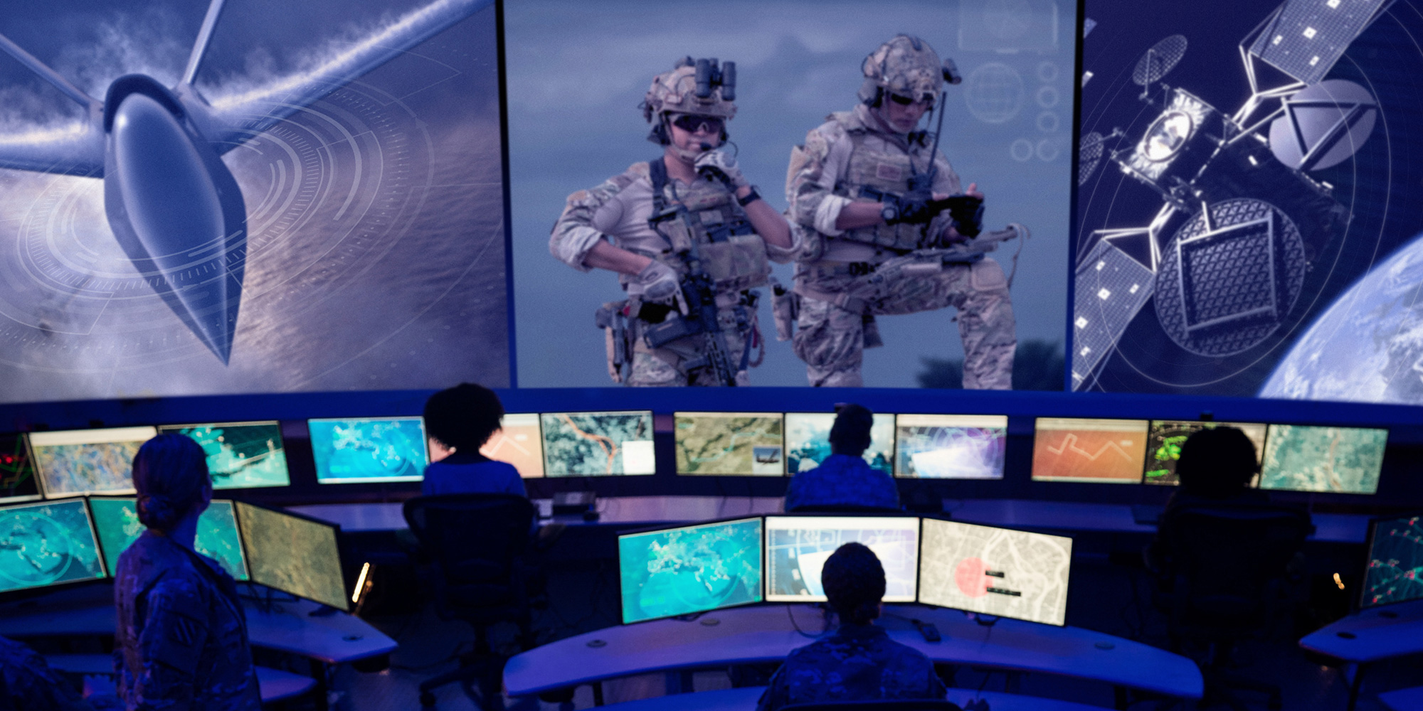 military war room with multiple monitors