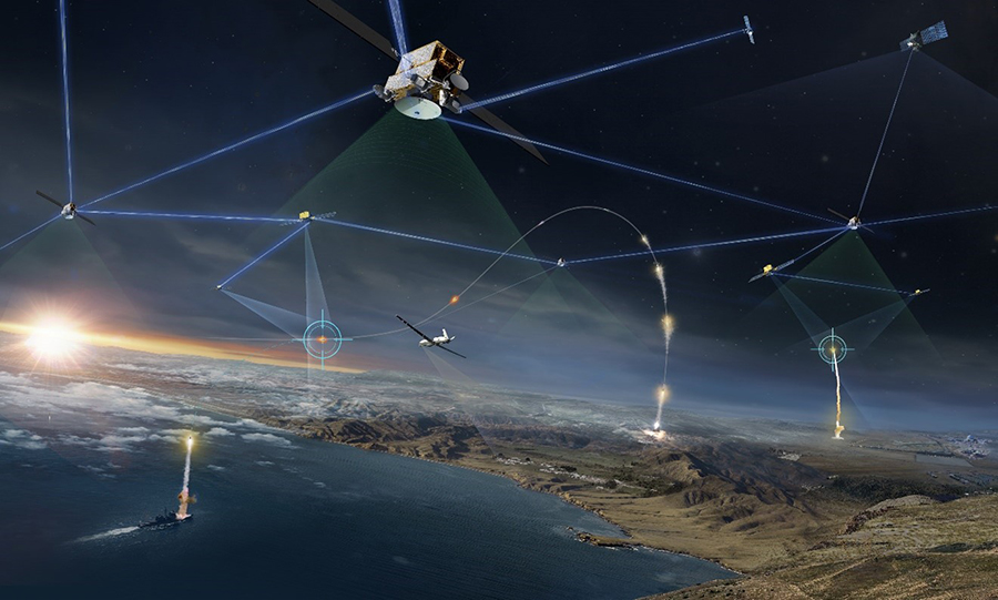 rendering of several satellites in low-earth orbit, connected via laser crosslinks and providing coverage to the eastern Mediterranean region of earth. 