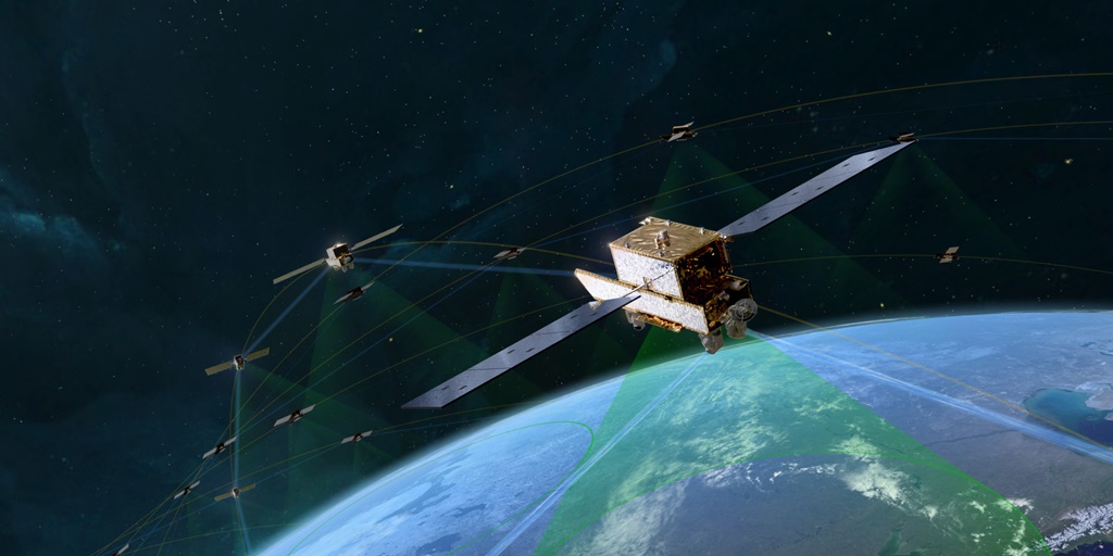 rendering of several satellites in low-earth orbit, connected via laser crosslinks and providing coverage to the eastern Mediterranean region of earth. 