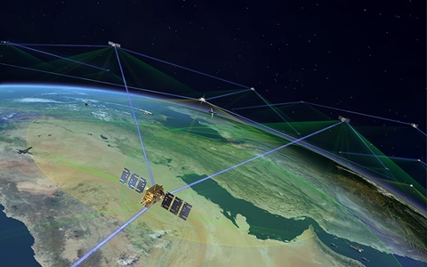 rendering of several satellites in low-earth orbit, connected via laser crosslinks and providing coverage to the eastern Mediterranean region of earth. 