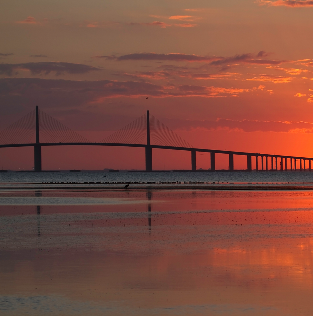 Tampa Skyway bridge with sunset