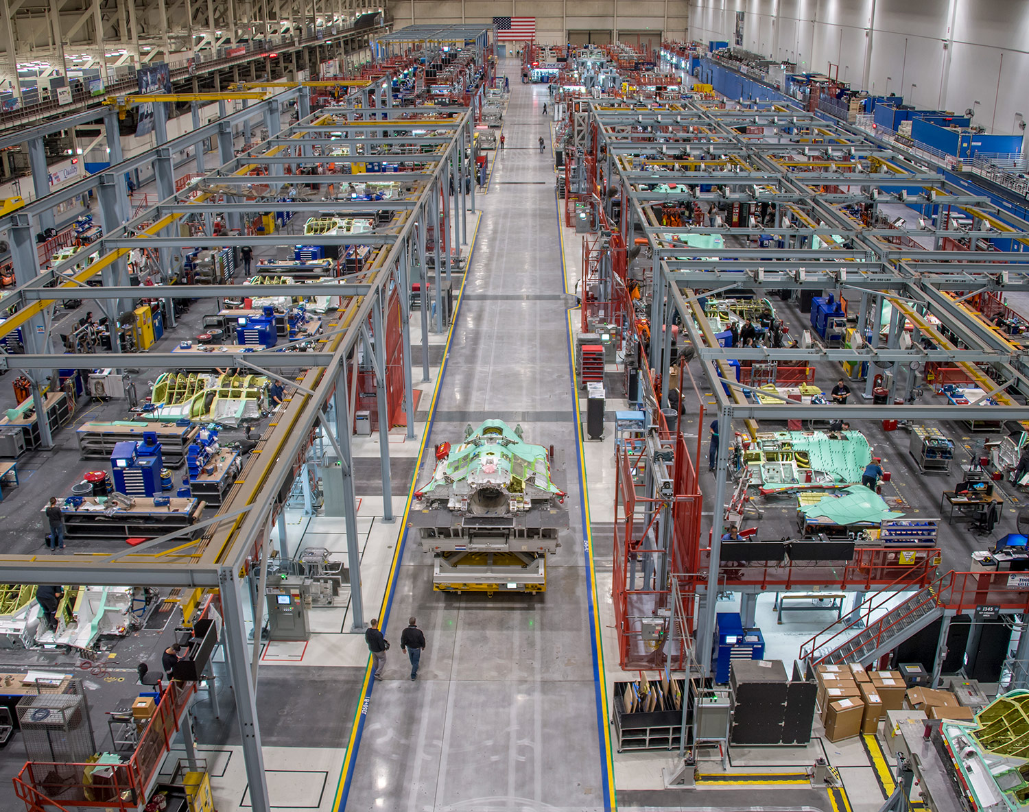 military jet assembly line