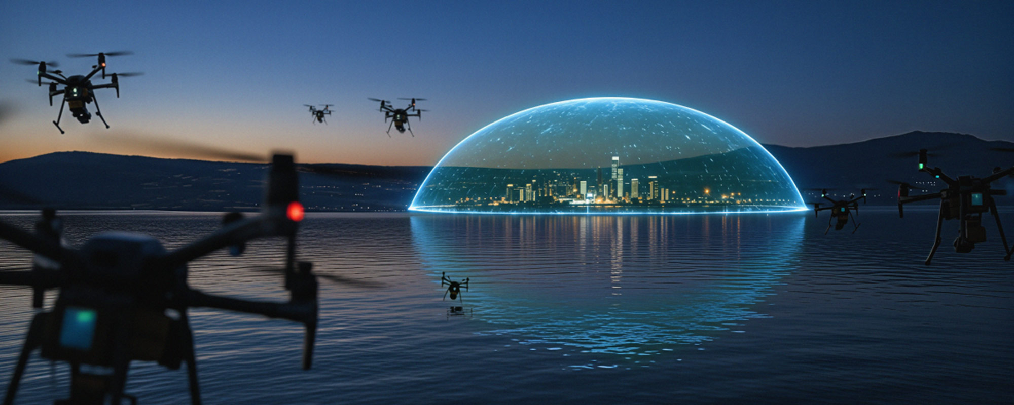 digital dome over city surrounded by drones