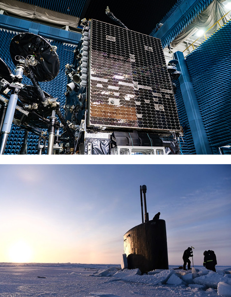 Satellite being built and US submarine breaking thru polar icecap