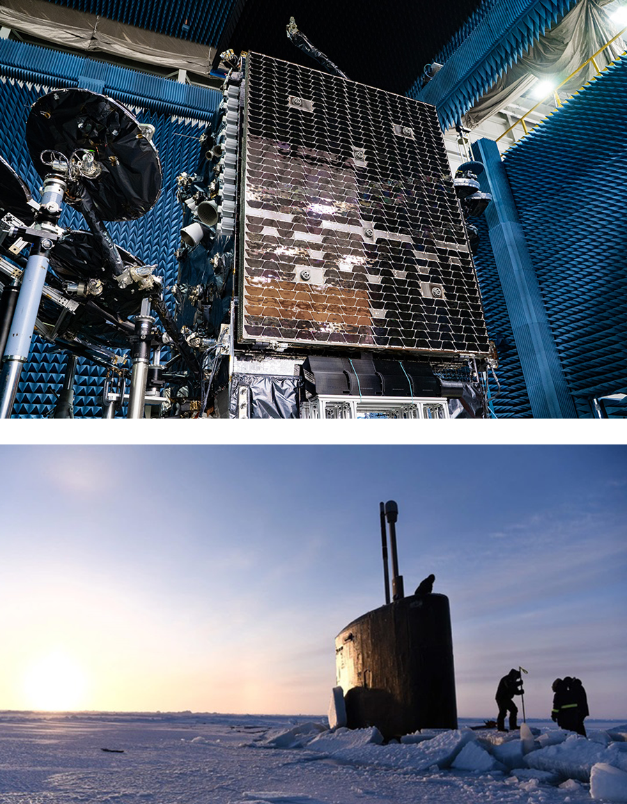 Satellite being built and US submarine breaking thru polar icecap