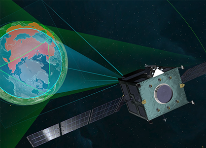 rendering of satellite in space above earth