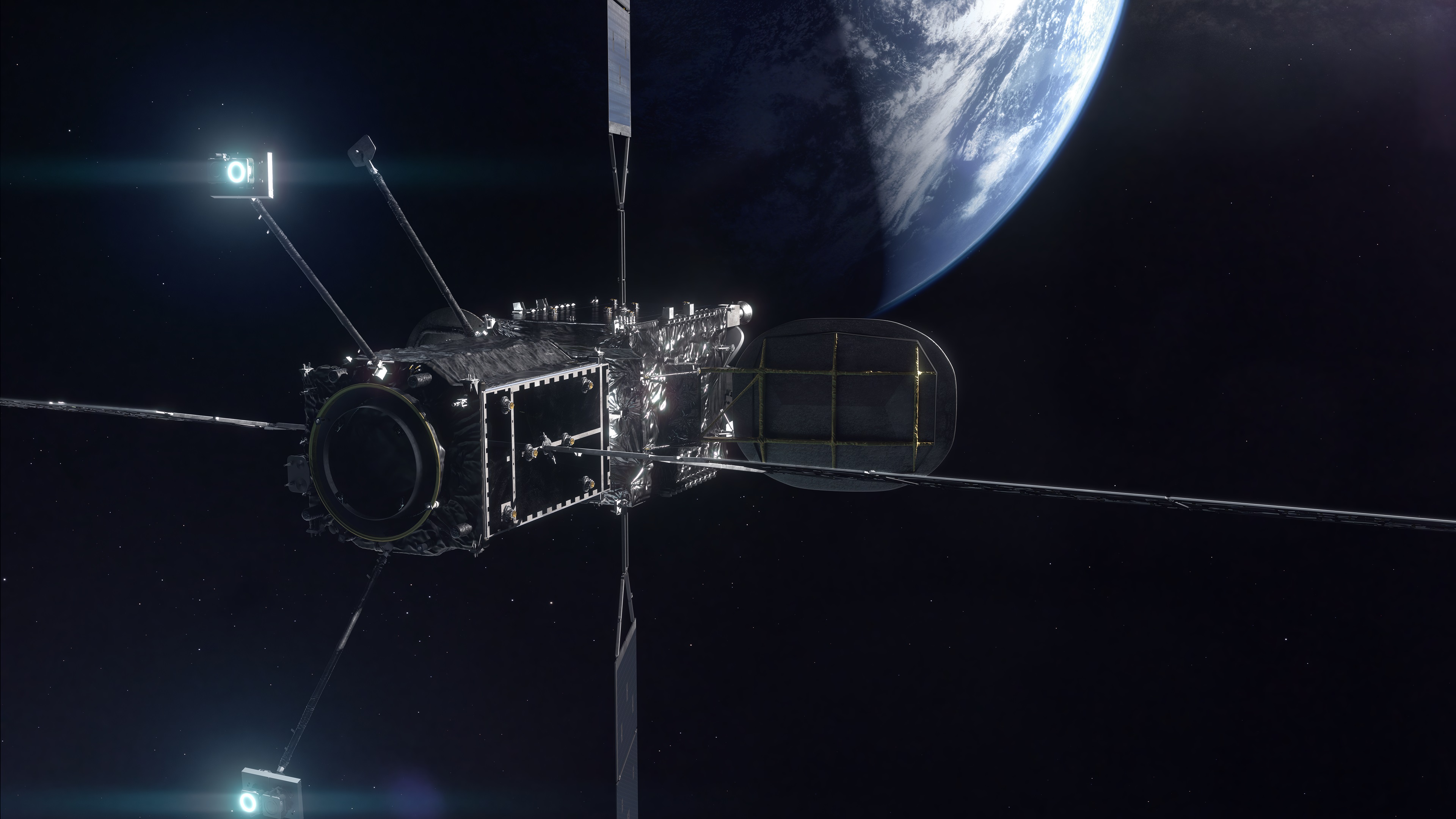 MEV_CGI_Space Mission Extension Vehicle attached to a large satellite orbiting the Earth