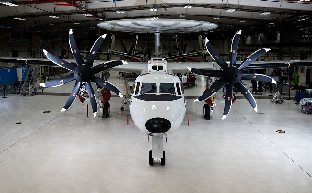 E-2D Advanced Hawkeye aircraft sitting in air hanger