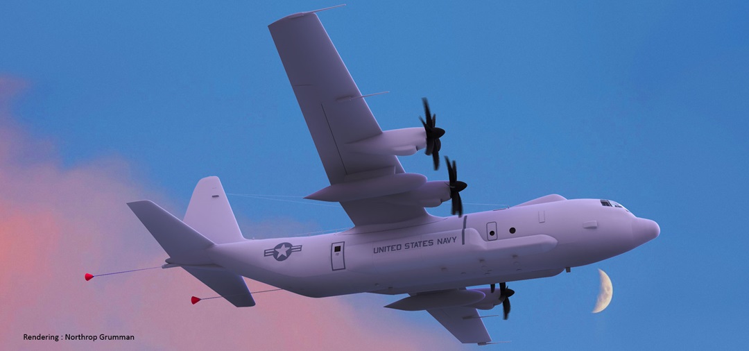 Northrop Grumman rendering of E-130J TACAMO flying at twilight. 