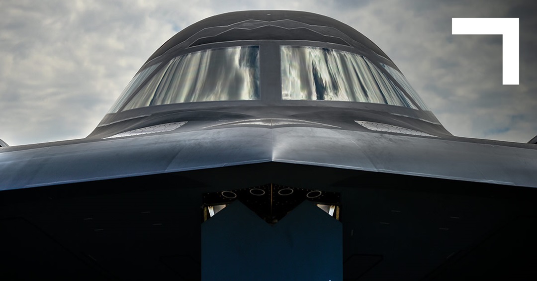 front of B-2 Spirit stealth bomber