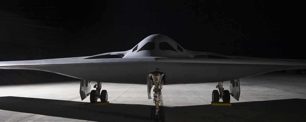 B-21 in hanger in shadows. 