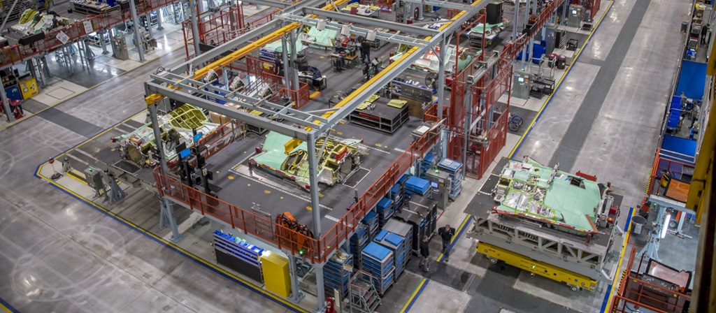 Photo of the factory floor where Northrop Grumman builds F-35 center fuselages.
