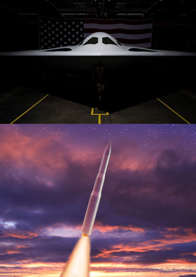 b-21 bomber in hangar and rendering of missile inflight