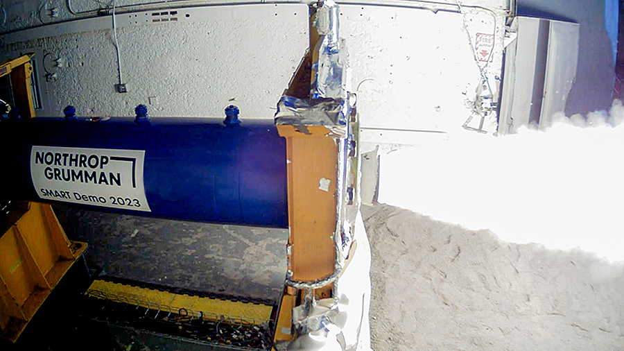 smart-demo-1 rocket motor being tested on the ground