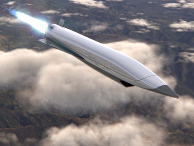 hypersonic missile in flight above clouds