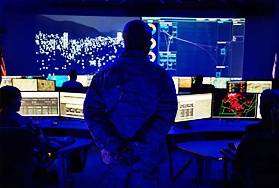 Military Man in dark command room