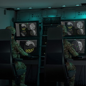Delivering Solutions to the U.S. Army with Capacity, Scale and Speed digital illustration of soldiers viewing monitors in command center