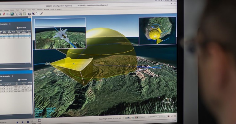 Simulation interface of CEESIM displaying advanced radio frequency environment modeling for true-to-war scenario testing.