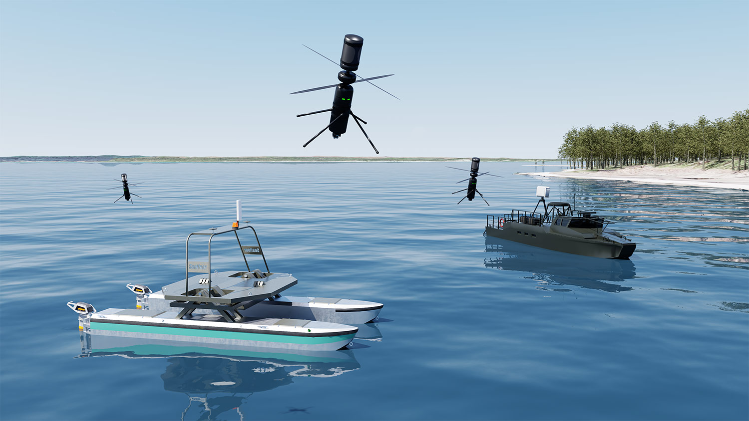 illustration of drones over boats in water