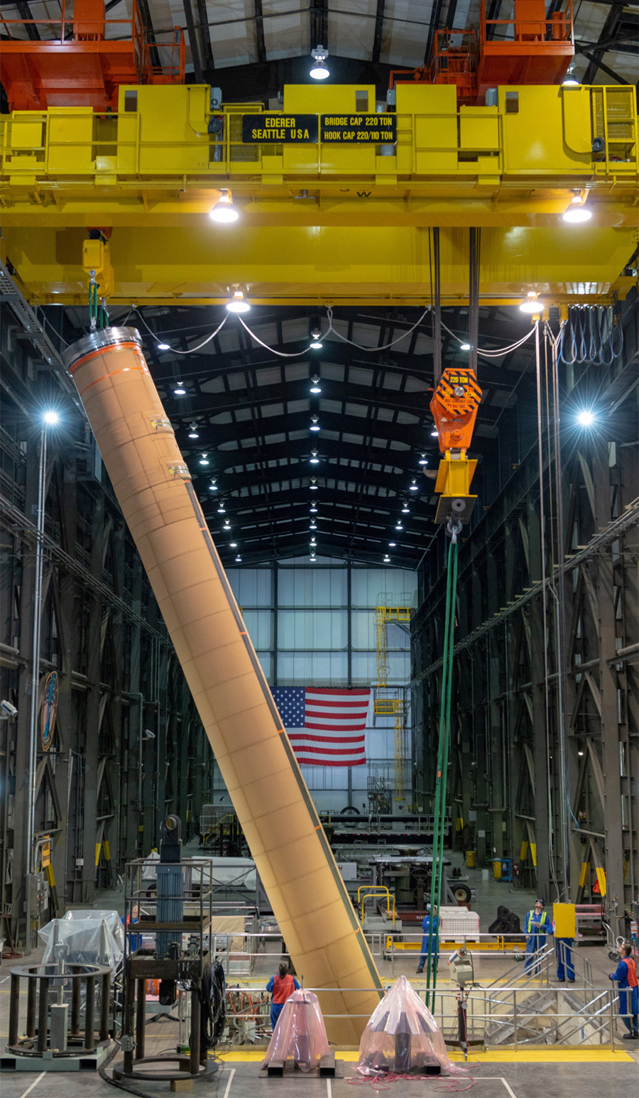missile being lifted into place for testing in highbay