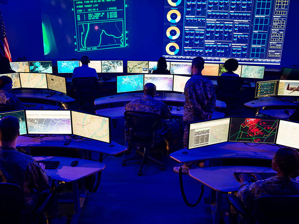 Mission Data Processing Center with large digital monitors
