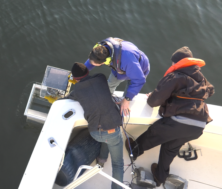 Individuals place device in water