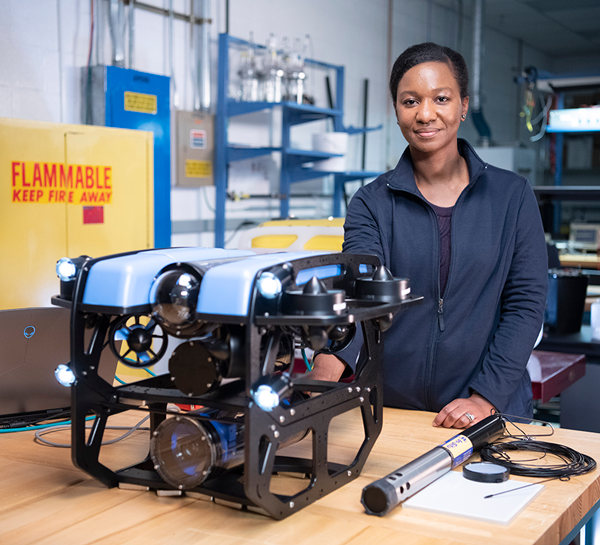 Simone in lab with environmental sea equipment