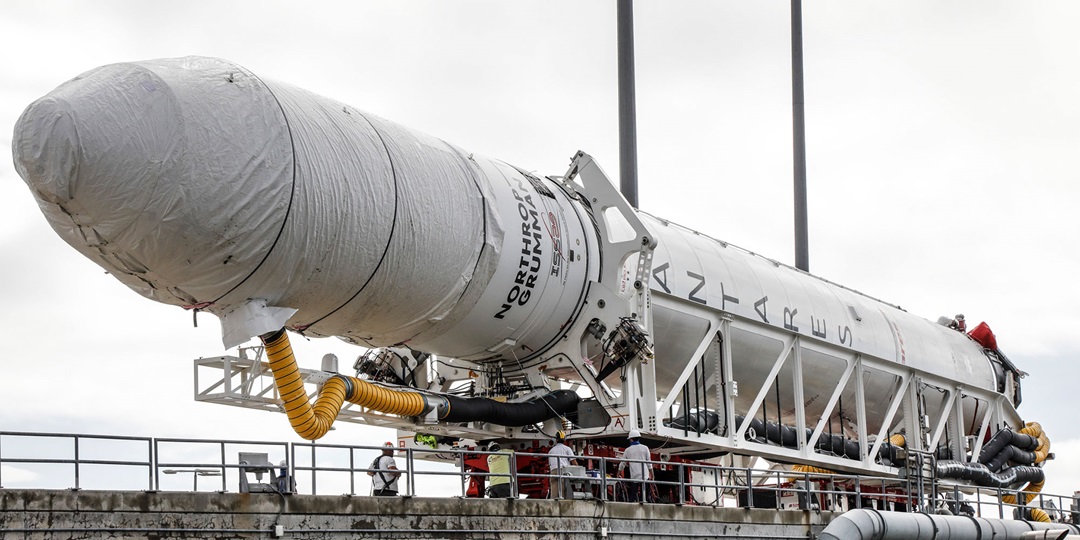 Front view of Antares Rocket on flatbed vehicle as it is transported to launchpad in Wallops Island, Virginia