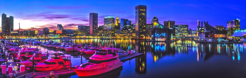 Panoramic shot of Baltimore, MD Harbor Dusk