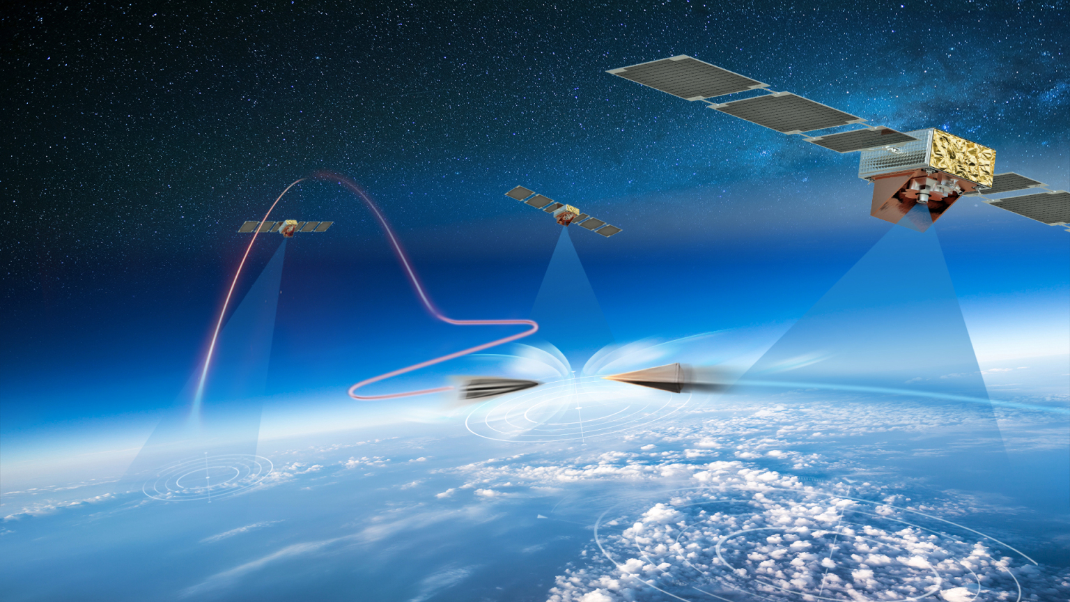 Counter Hypersonics Northrop Grumman graphic rendering of a counter hypersonics scenario played out above the earth's atmosphere