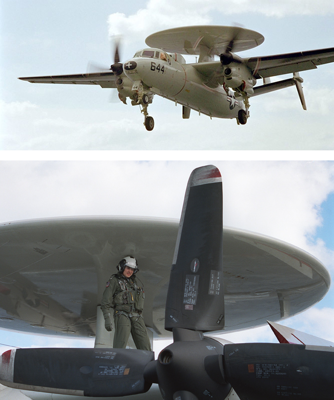 E-2C HAWKEYE 2000 Top image: aircraft flying. Bottom image: pilot standing on wing of aircraft.