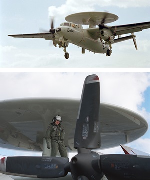 Top image: aircraft flying. Bottom image: pilot standing on wing of aircraft.
