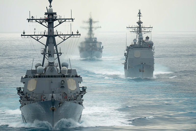 Ensuring Mission Advantage for Our Navy Across All Domains three Navy destroyers