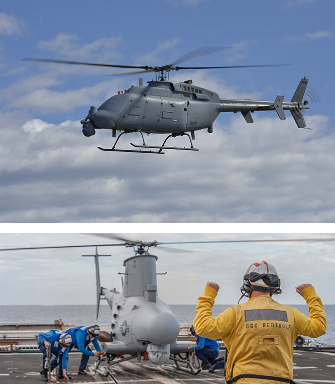 consist of two images. top image contain side view of helicopter and bottom picture is a helicopter landing on a pad