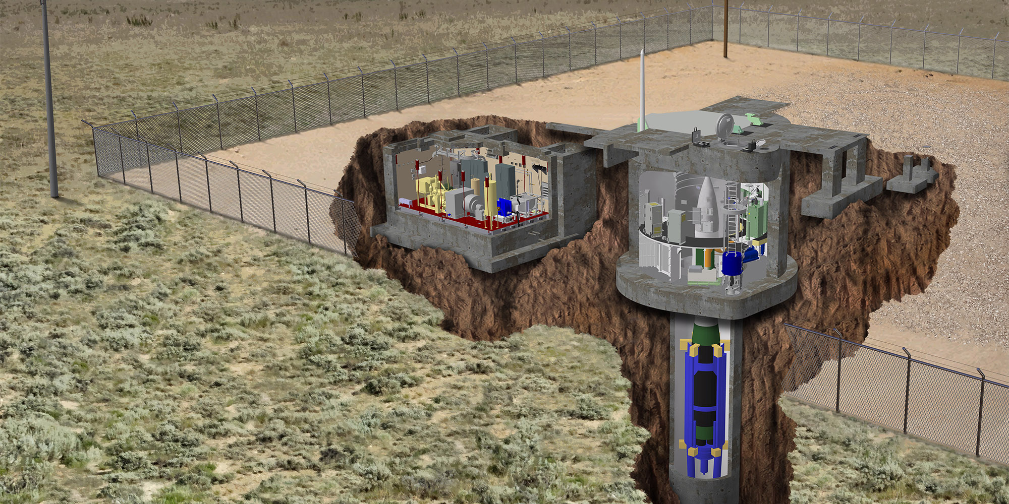 A terrestrial render of a ballistic missile underground at launch site.