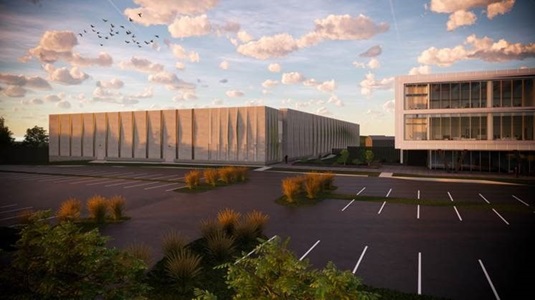 Rendering of buildings and parking lot outside