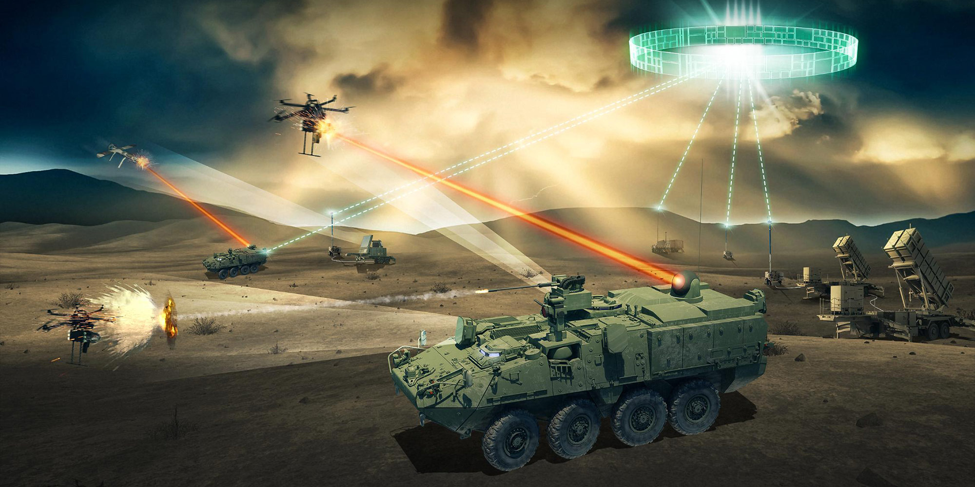 Northrop Grumman Maneuver Short Range Air Defense (SHORAD) Artistic Image Tanks shooting lasers at unmanned aerial vehicles
