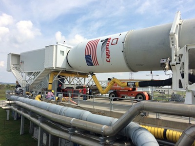 Part of a rocket in a horizontal position ready for cargo to be loaded