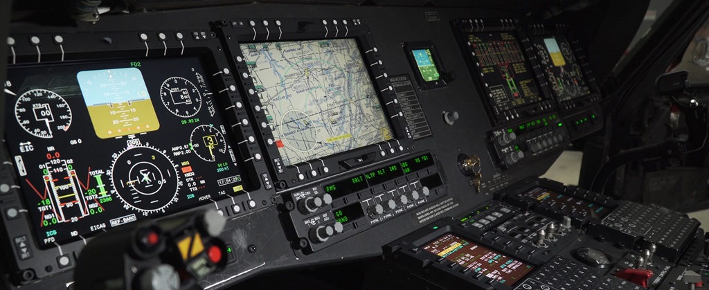 A view inside the cockpit of a UH-60V aircraft