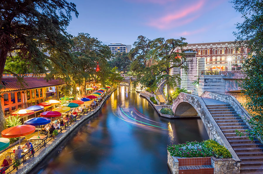 River walk in San Antonio, Texas skyline