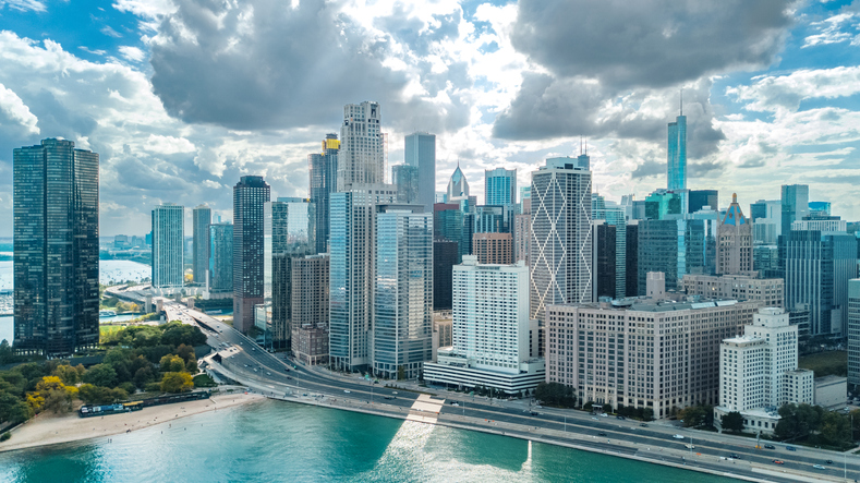 Chicago skyline aerial drone view from above, city of Chicago downtown skyscrapers and lake Michigan cityscape, Illinois, USA