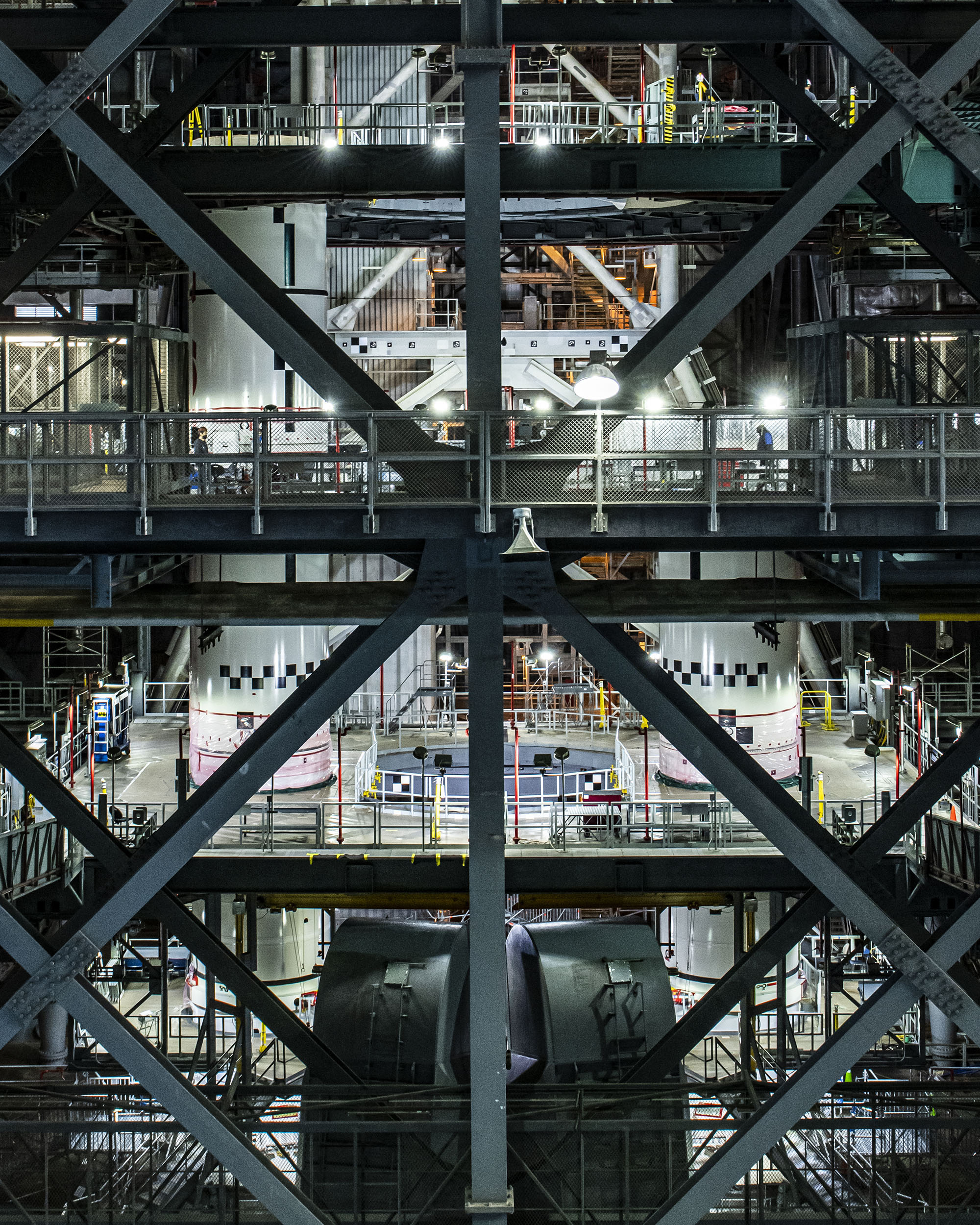 Two rocket motors booster assembly inside a space facility