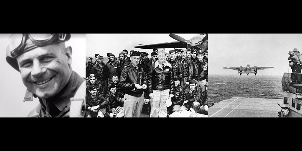 black and white three picture collage. first picture is close up portrait shot of a pilot, second image is a group of pilots and third image is a military plane taking off