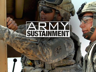 two Army soldiers with Army Sustainment logo