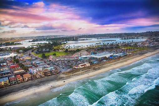 Aerial shot of beach and cityscape