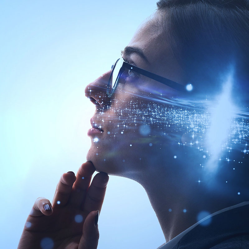 Now. Powered by Northrop Grumman woman with glasses thinking