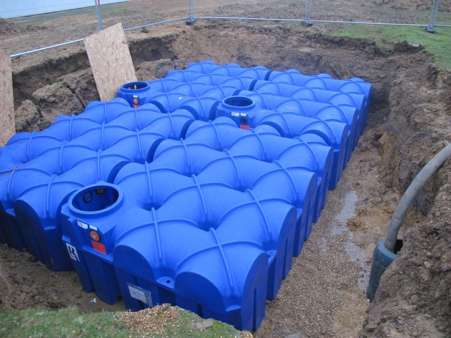 Park Air Rainwater Processing Area Blue container on ground