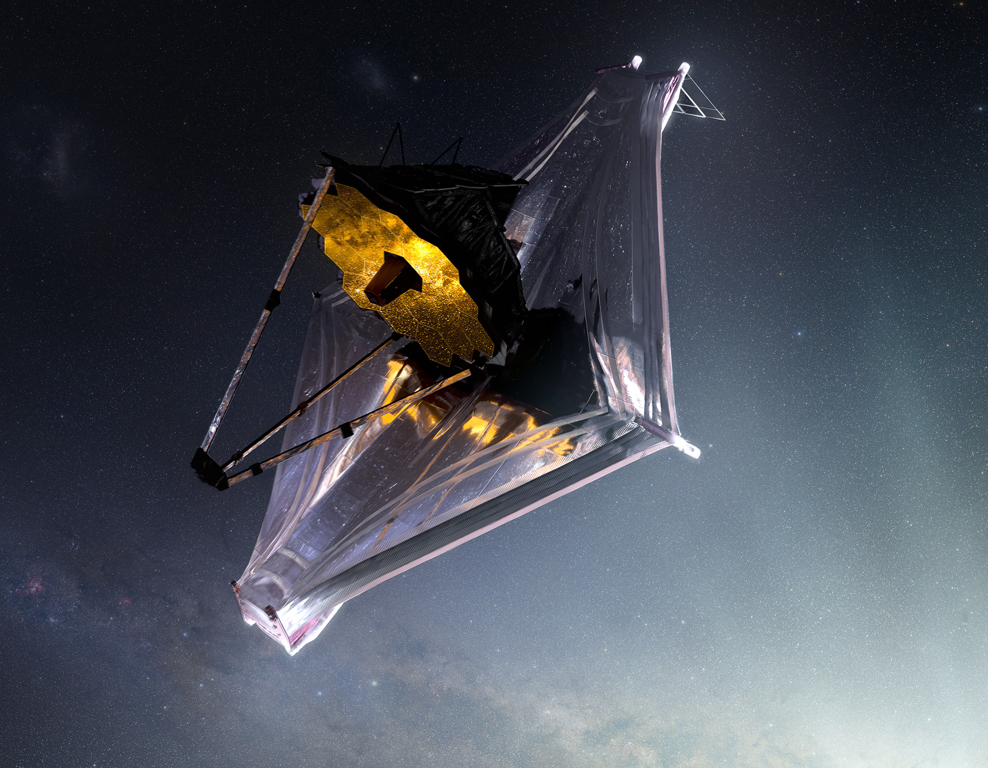 rendering of webb telescope inflight deep space