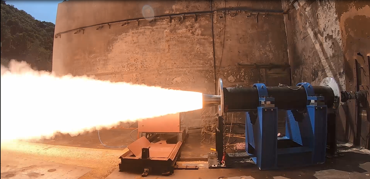 The PrSM rocket motor performing a static test at Northrop Grumman’s test facility. (Northrop Grumman photo) Northrop Grumman Propels PrSM During Launcher Integration Test