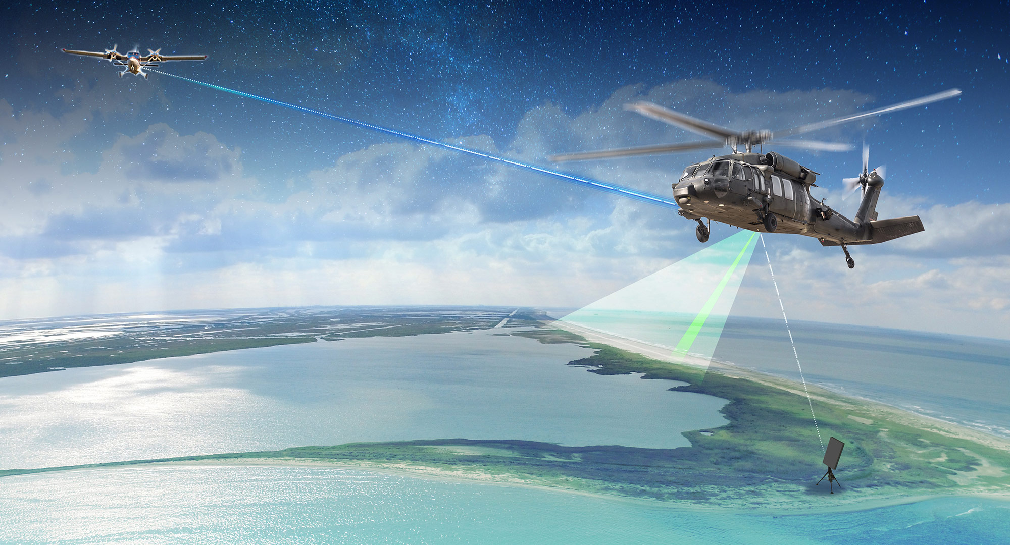 illustration of military helicopter and aircraft over water
